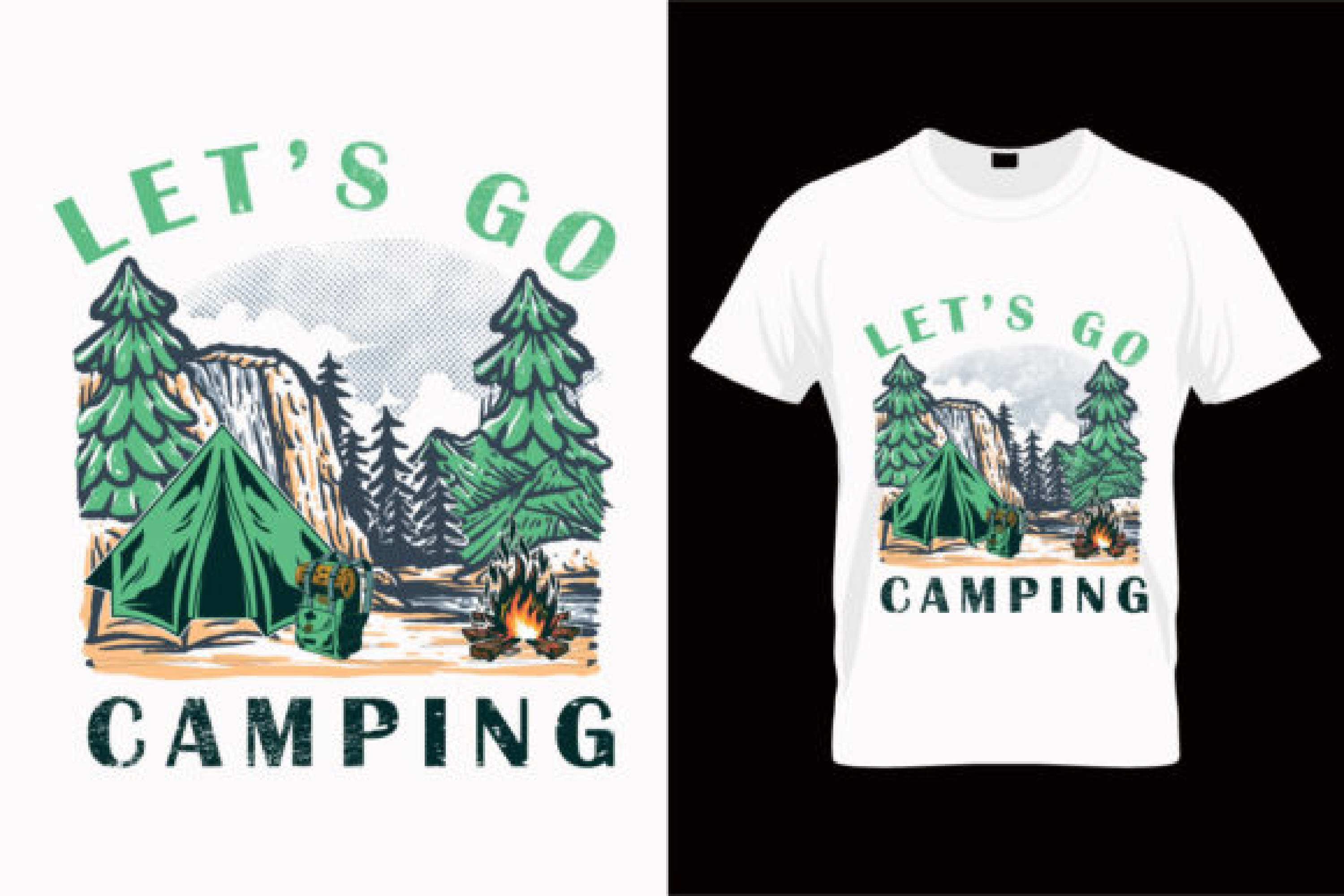 Image of a white t-shirt with an enchanting print on the theme of camping and a colorful landscape.