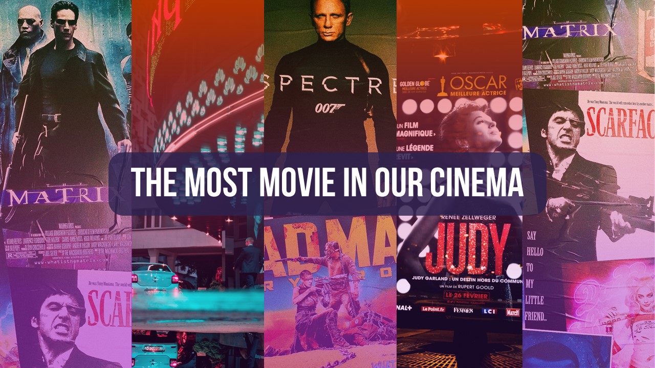 White lettering "The Most Movie In Our Cinema" on a background of different photos.