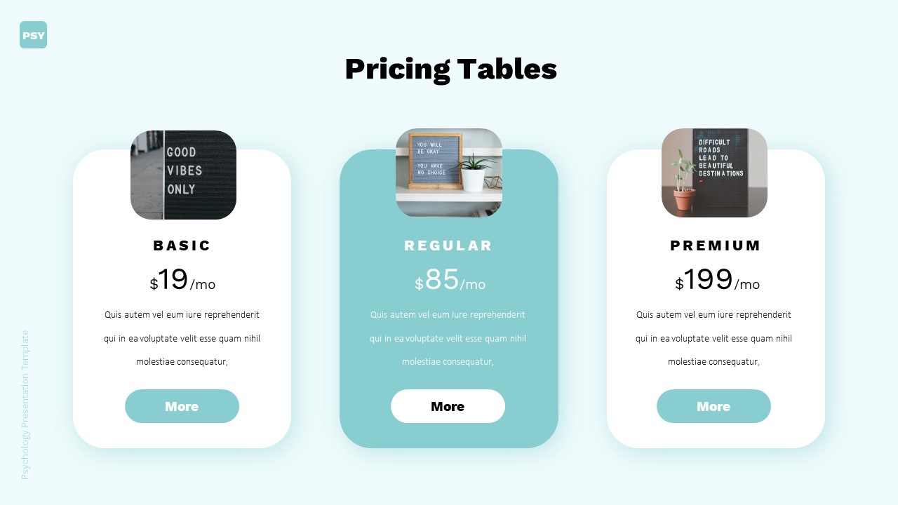 An example of a presentation slide titled "Pricing Tables" on a mint background.