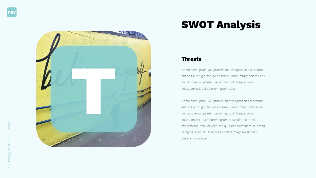 An example of a presentation slide titled "SWOT Analysis" on a mint background.