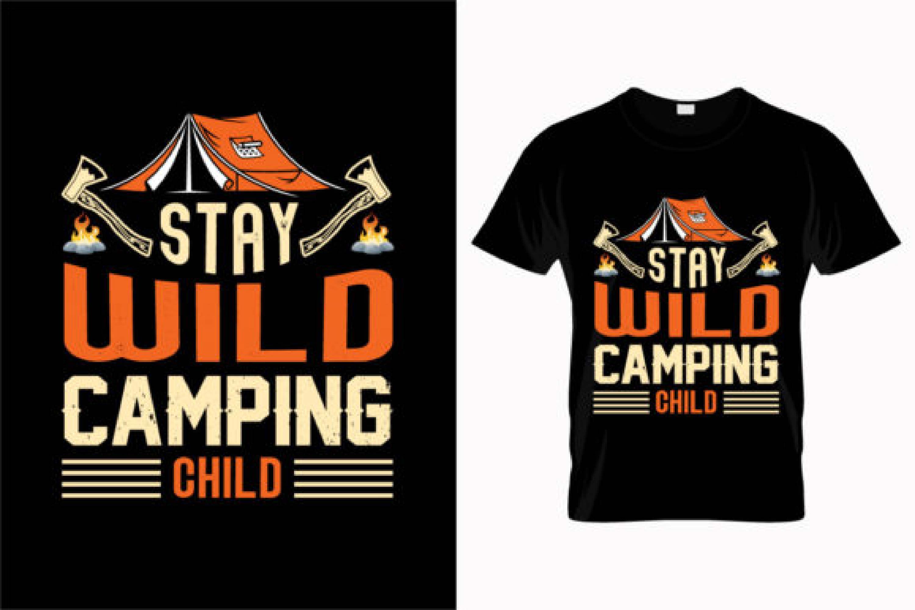 Image of a black t-shirt with a beautiful print on the theme of camping.