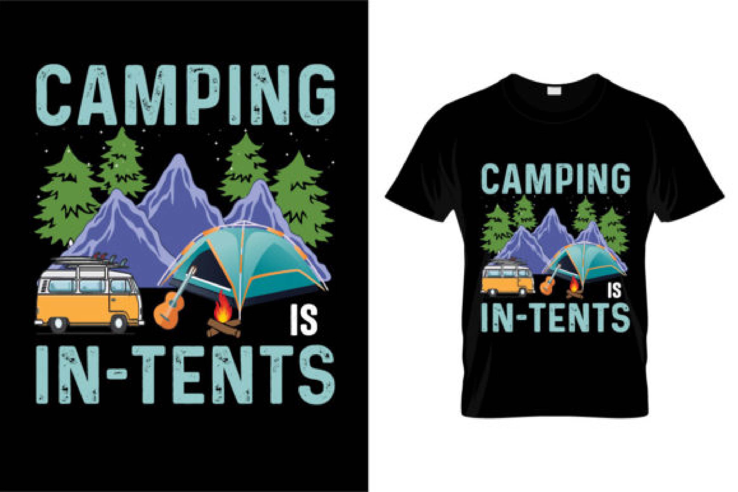 Image of a black t-shirt with a colorful camping theme print.