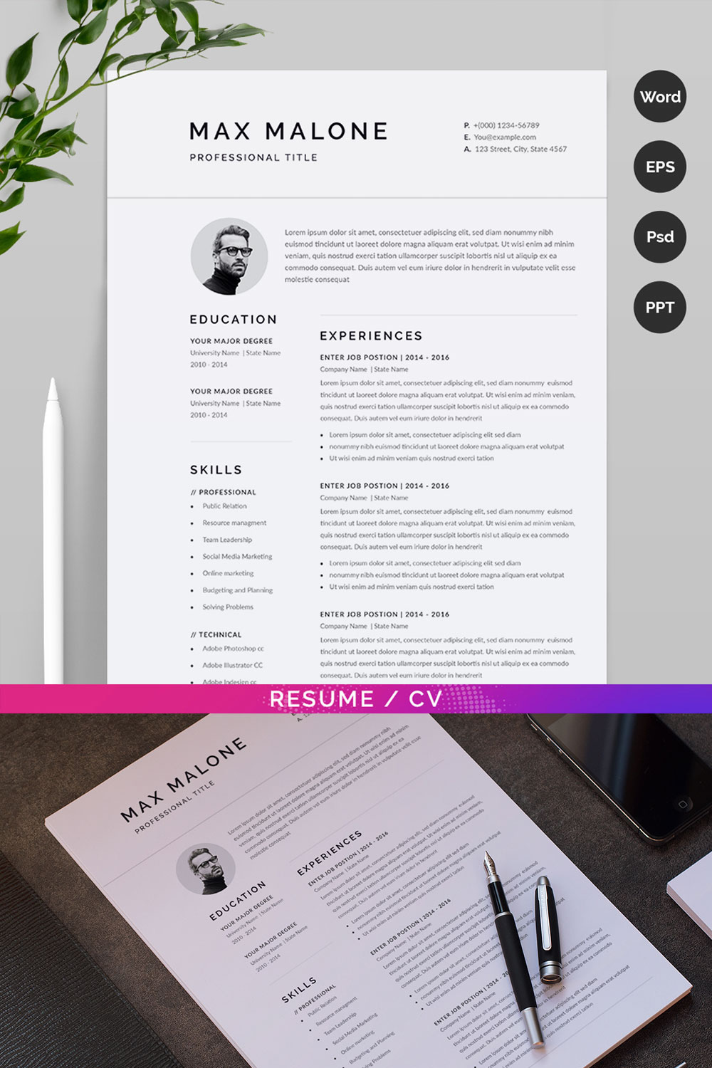 Clean and modern resume template with a pink border.