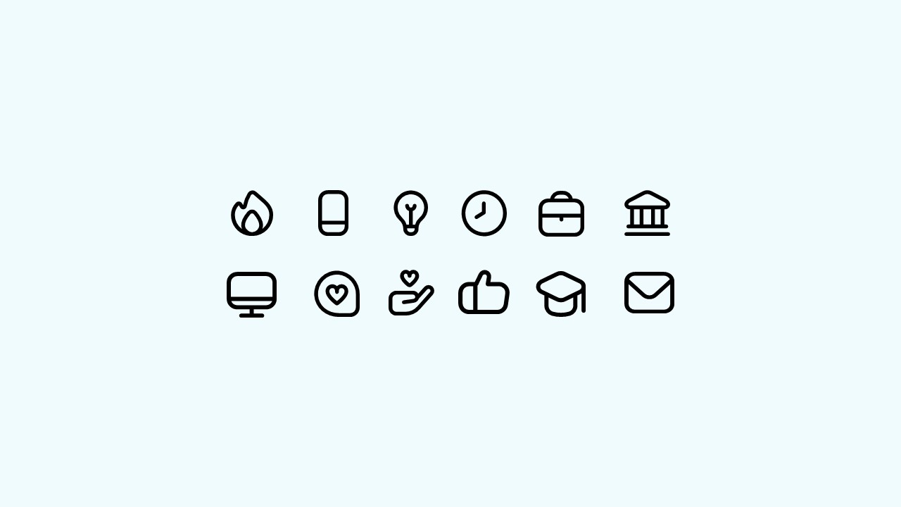 A set of different black icons on a mint background.