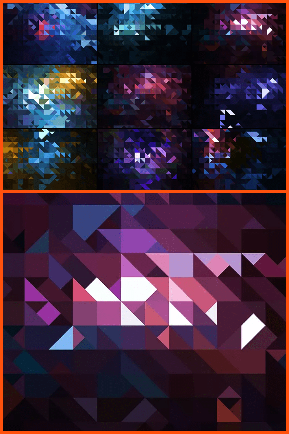 Collage of colored backgrounds with geometric patterns.