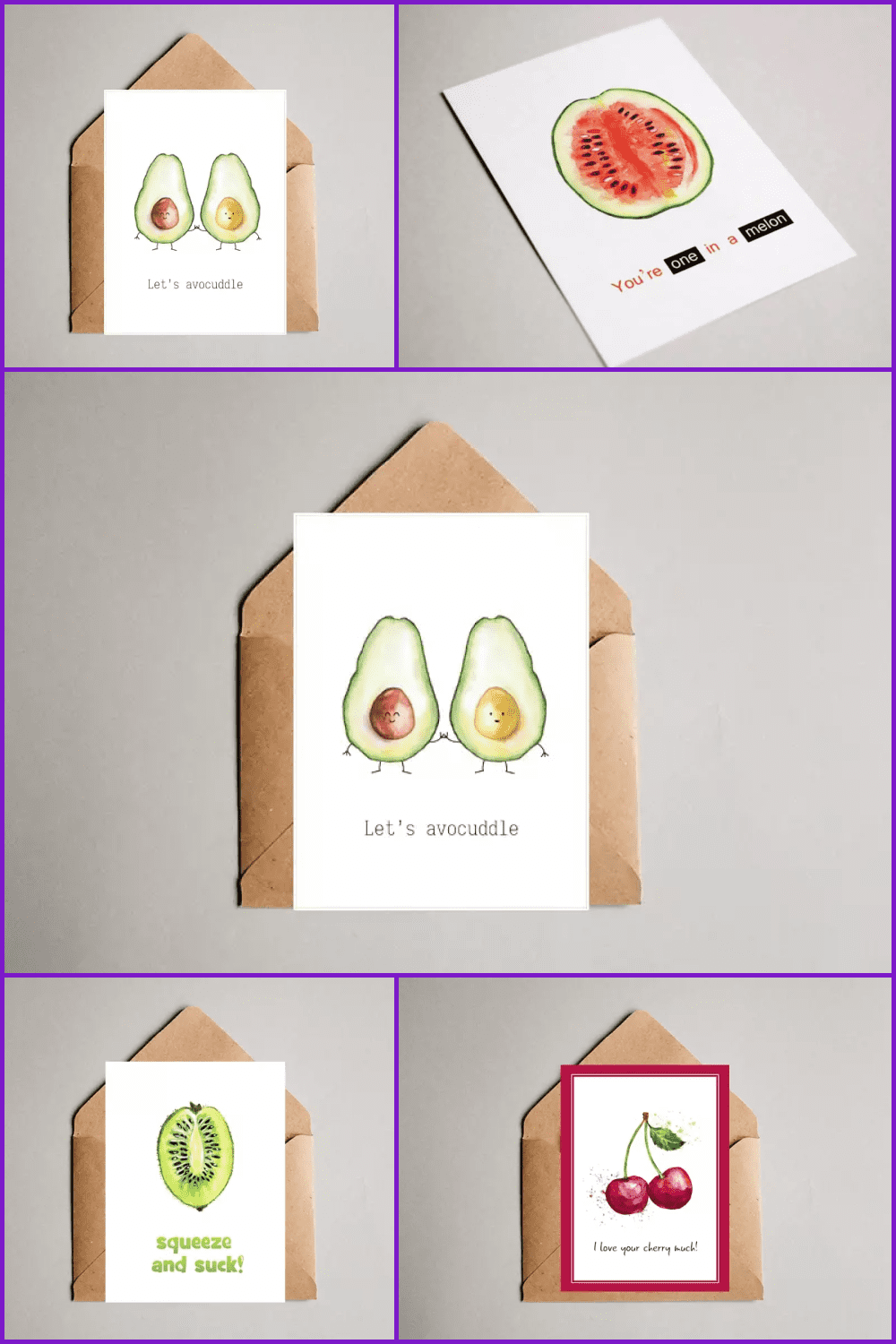 Collage of images of painted fruits on a white postcard with a brown envelope.