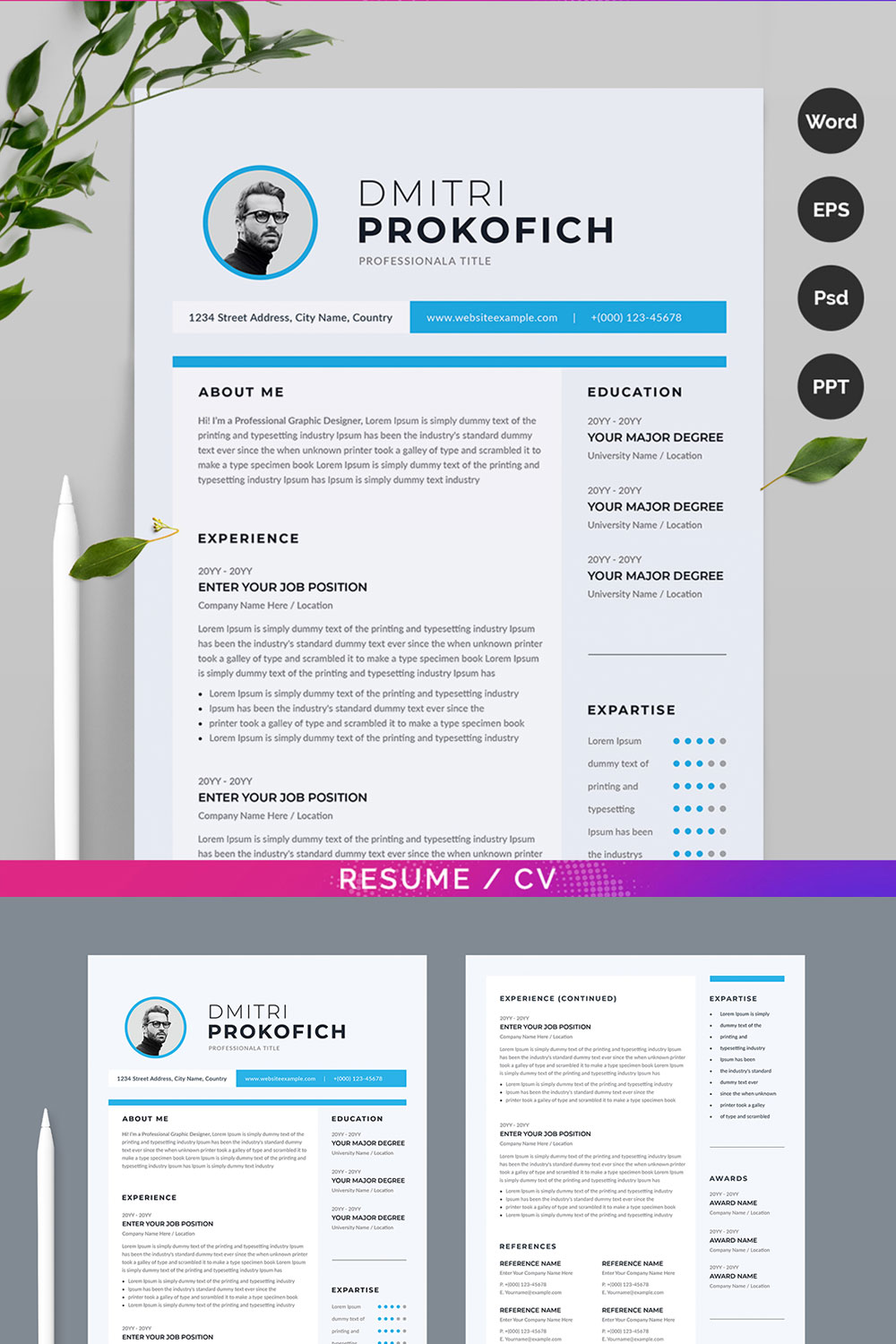 Clean and professional resume template with a blue and white color scheme.