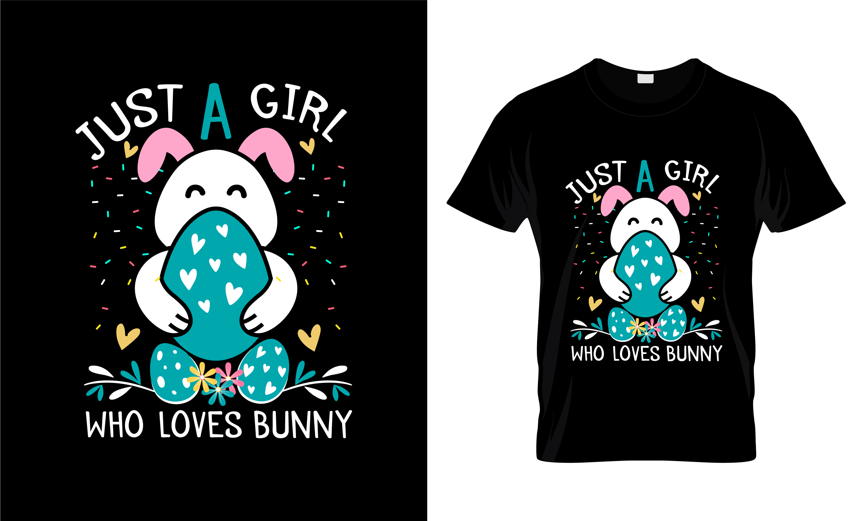 Image of a black t-shirt with an enchanting print of an easter egg and a bunny.