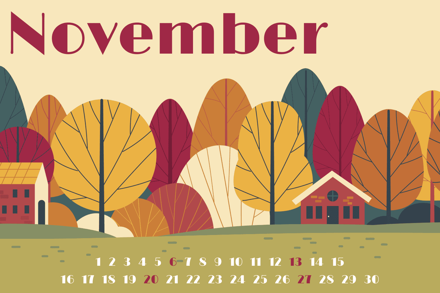 Bright calendar for November with yellow-red sketches of trees.