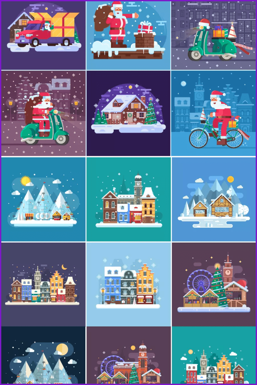 Collage of drawn Christmas illustrations with houses and Santa Claus.