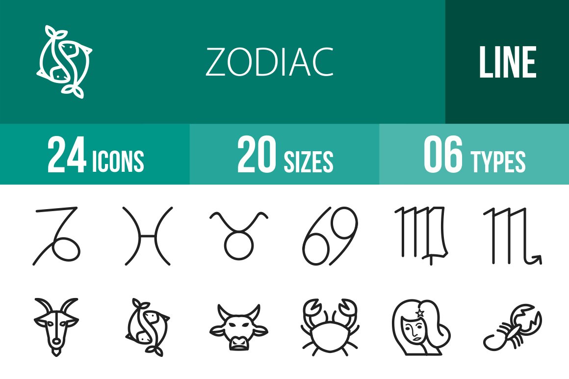 White lettering "Zodiac", "24 icons", "20 sizes" and "06 types" on a turquoise background and 12 different black zodiac icons on a white background
