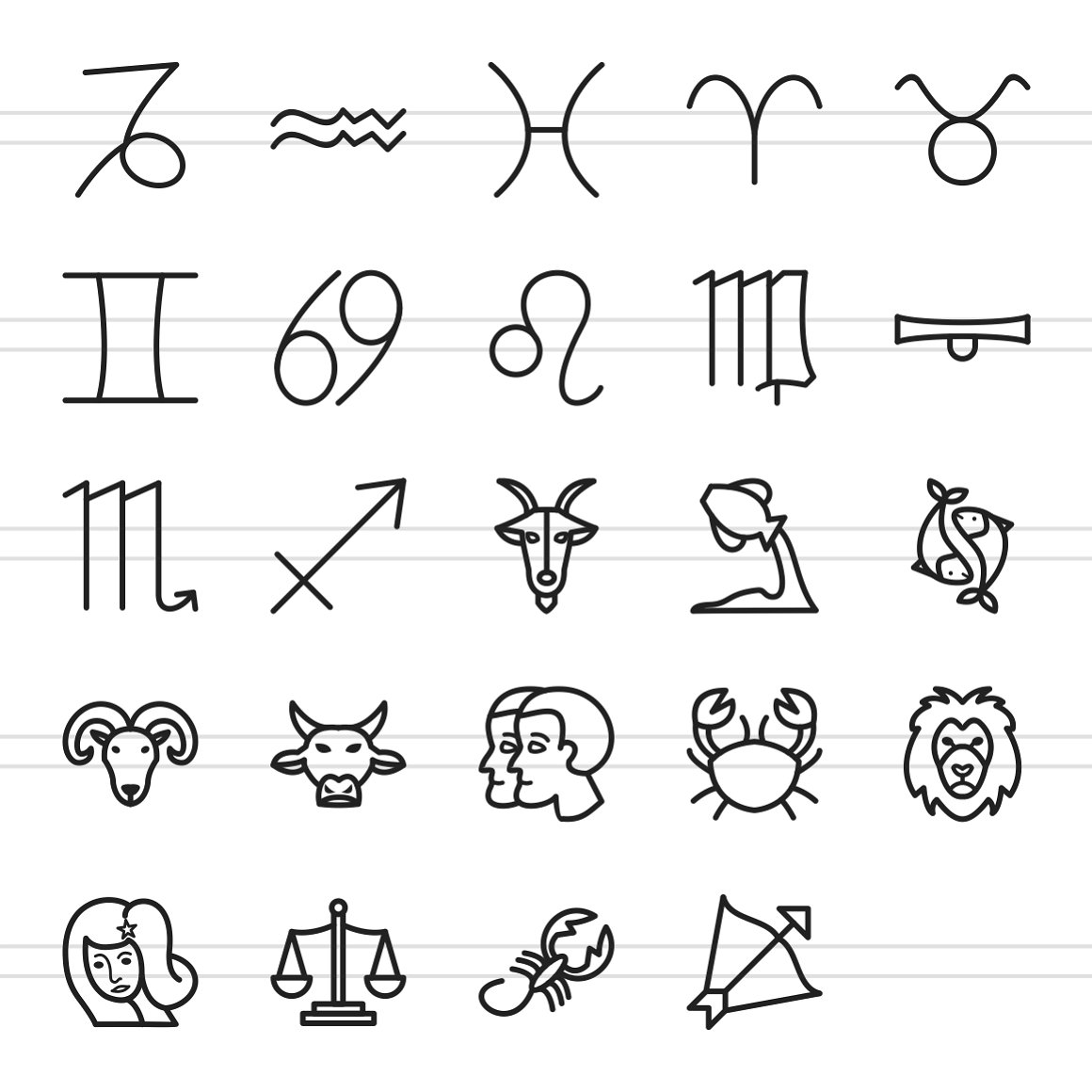A set of 24 different black zodiac icons on a white background.