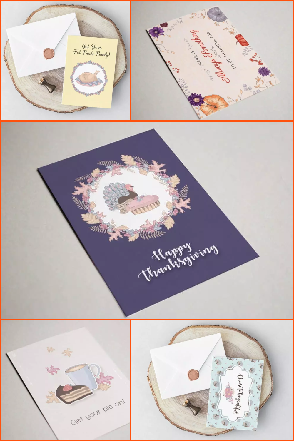 Thanksgiving cards collage with purple, beige and yellow background.