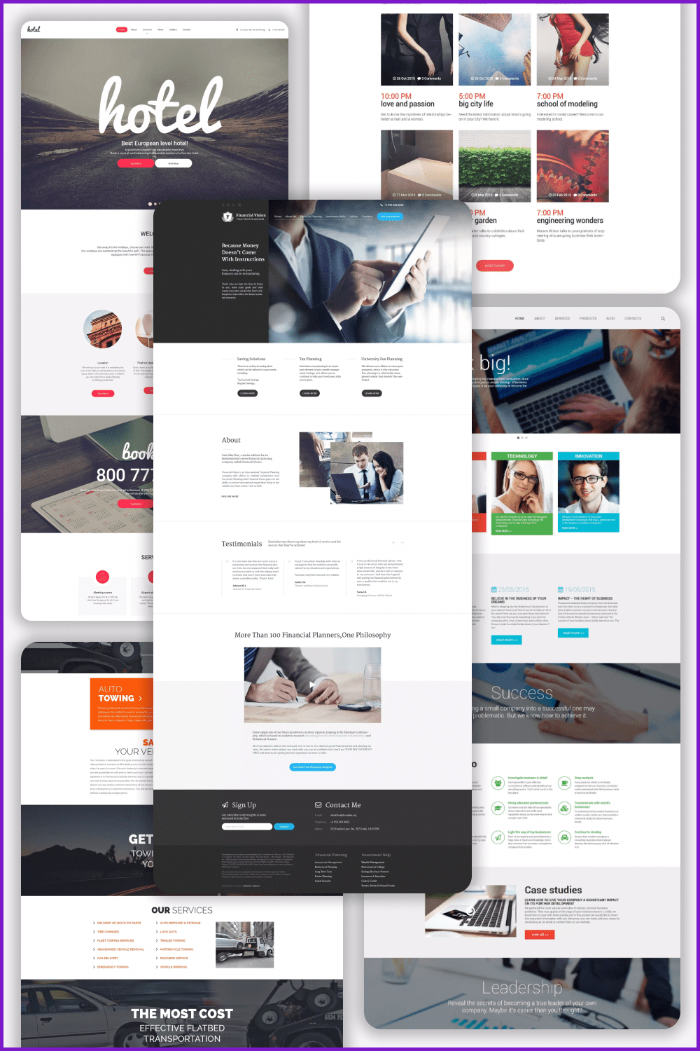 Collage of WordPress theme pages with dark footer and header.