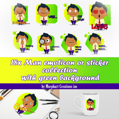 Bundle with irresistible images of a man on a green background emoticons.