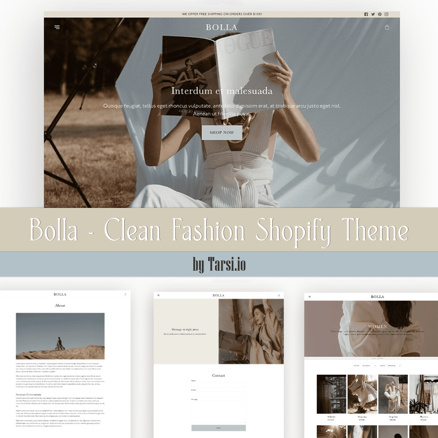 Image collection of colorful shopify theme pages.