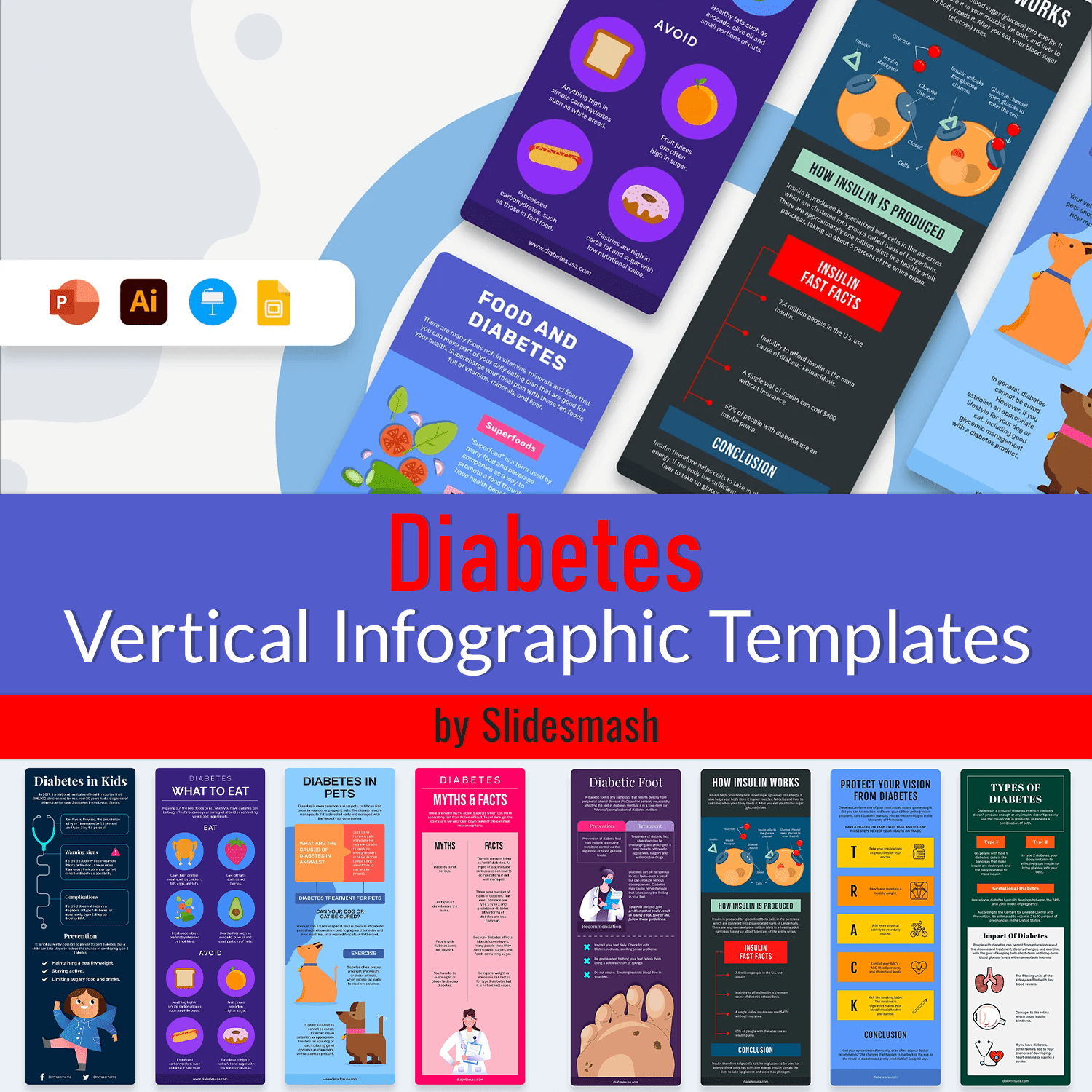 Diabetes Vertical Infographic Templates | Diagrams For PowerPoint, Illustrator, Keynote, Google Slides.