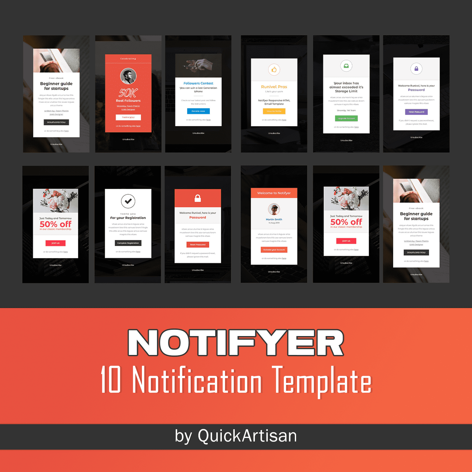 Pack of images of usability notification design templates.
