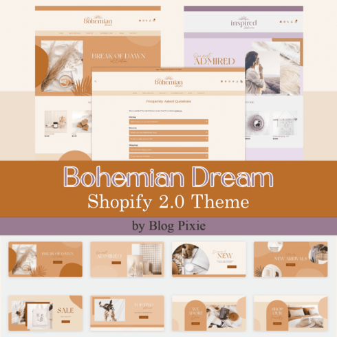 A set of page images of an adorable Shopify theme in pastel colors.