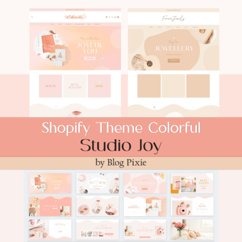 A collection of page images of a gorgeous Shopify theme in pastel colors.