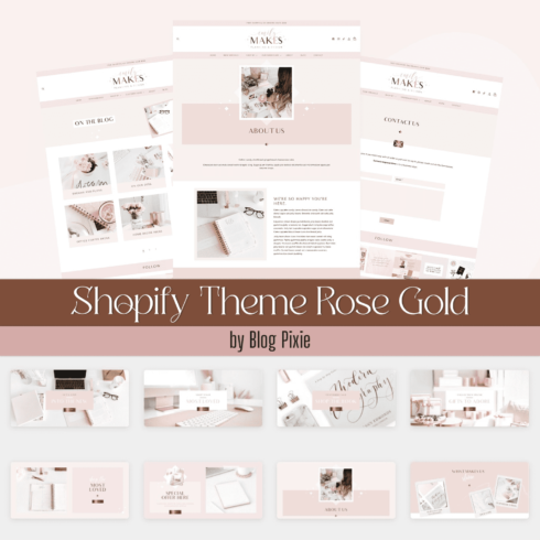 A collection of page images of a gorgeous Shopify theme in rose gold colors.