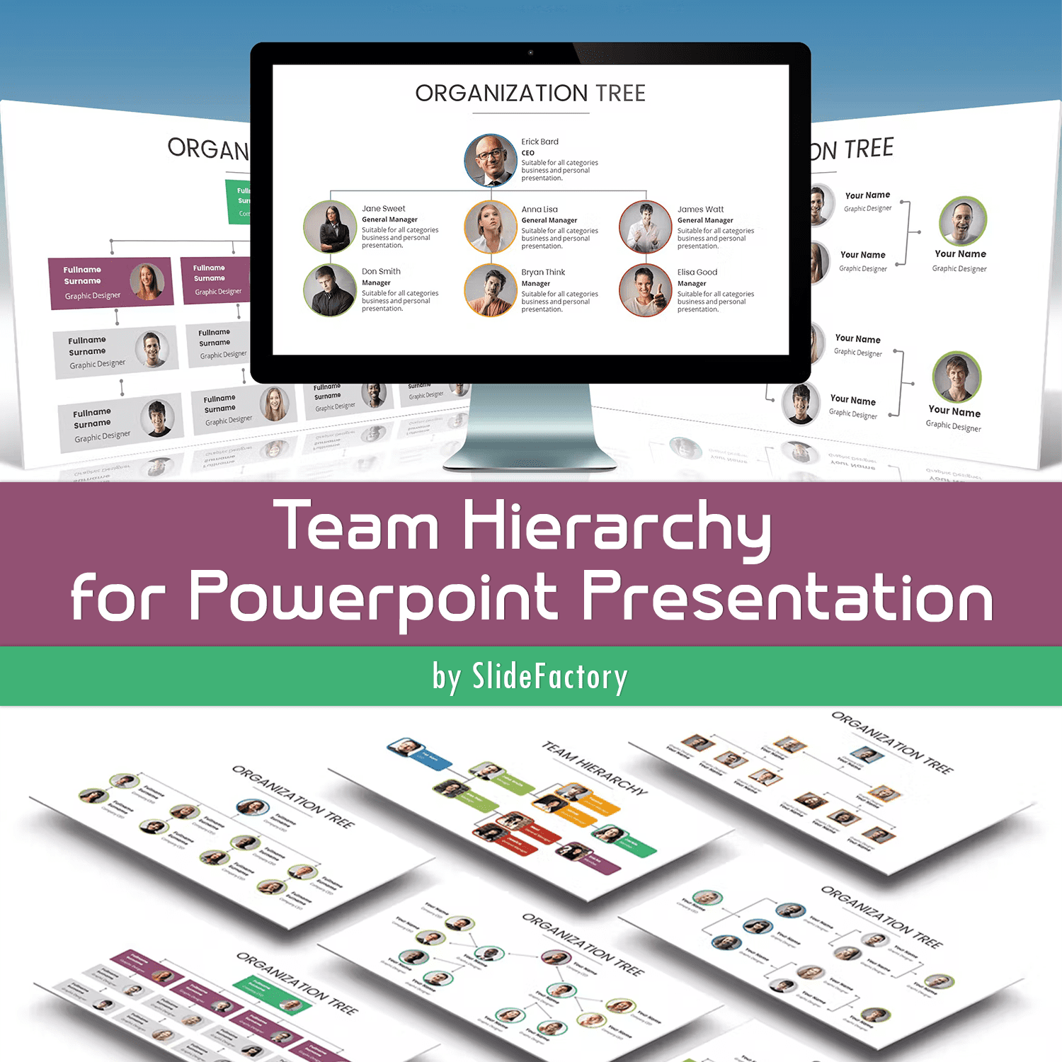 A selection of images of colorful slides of a presentation template on the topic of hierarchy in a team.