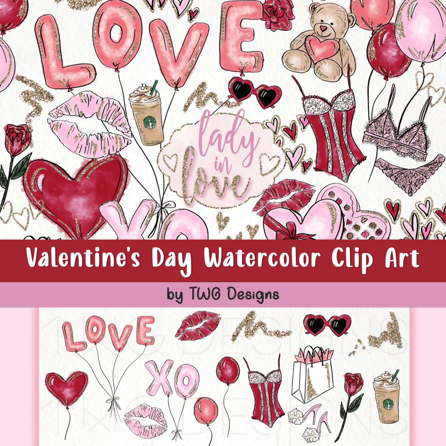 Valentine's Day Watercolor Clip Art cover.