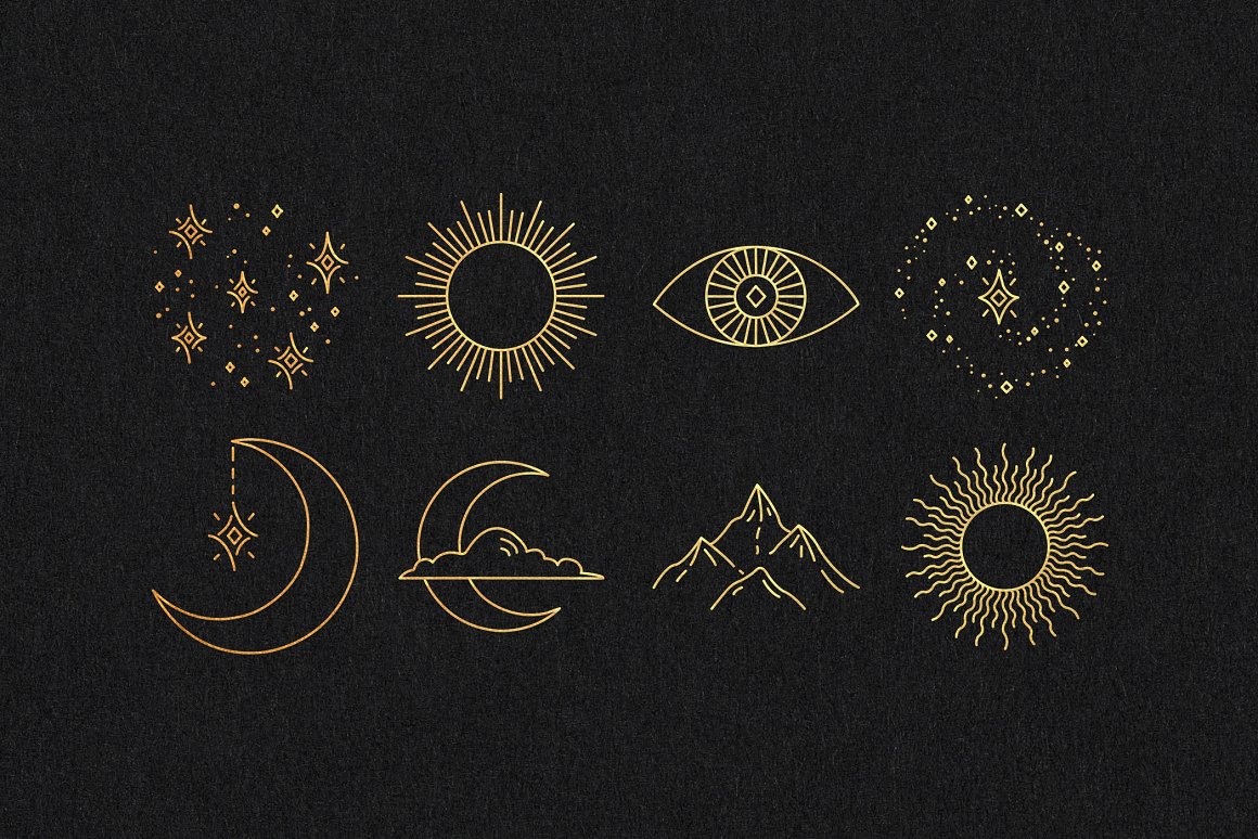 A set of 8 different golden celestial elements on a black background.