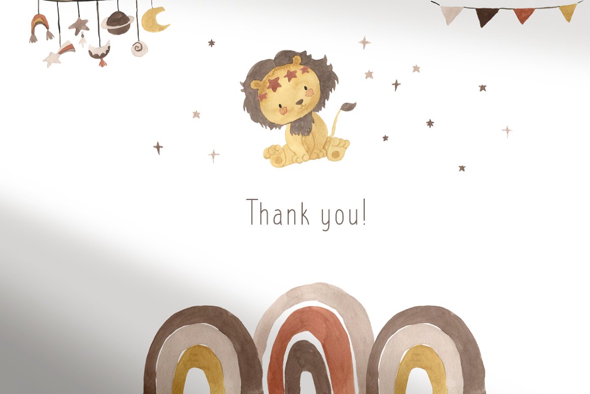 Black lettering "Thank you" and watercolor lion illustration on a white background.
