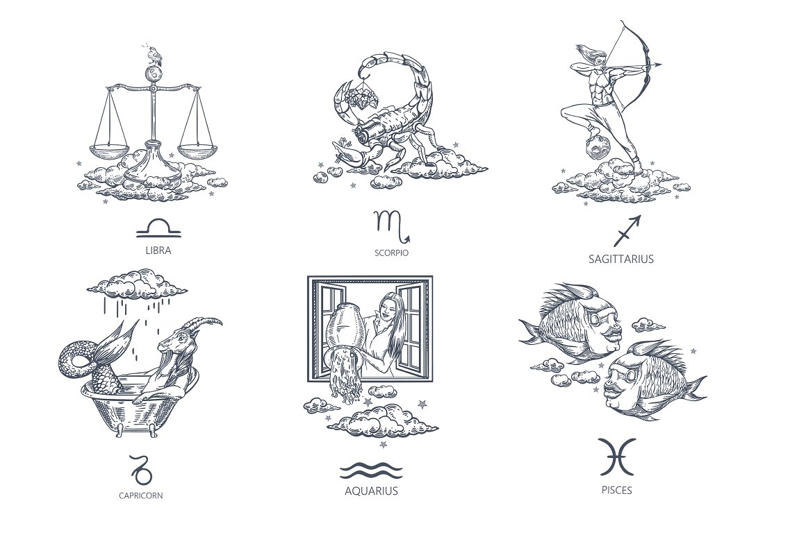 A set of 6 gray illustrations with funny zodiac signs on a white background.