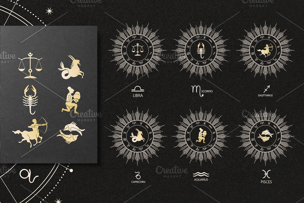 A set of 6 different black and white circular emblems with zodiac signs on a black background.
