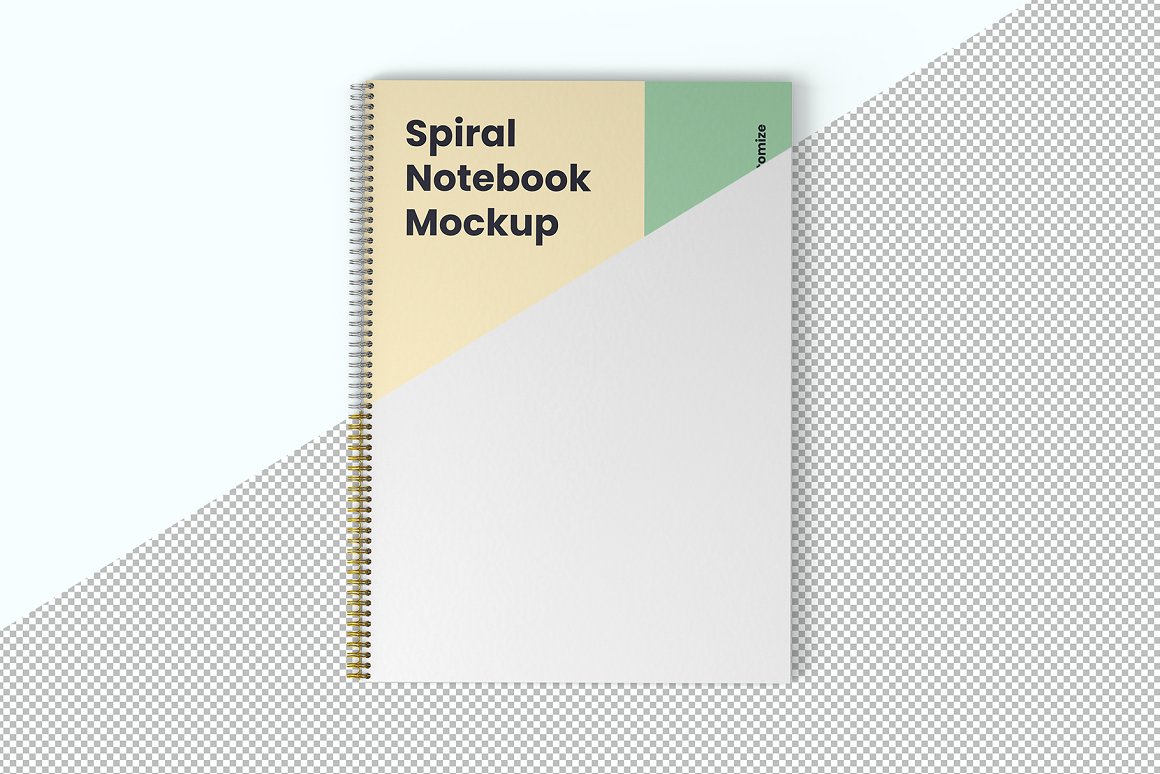 Beige and green spiral notebook mockup A4 on a white background and its gray version in PNG format.