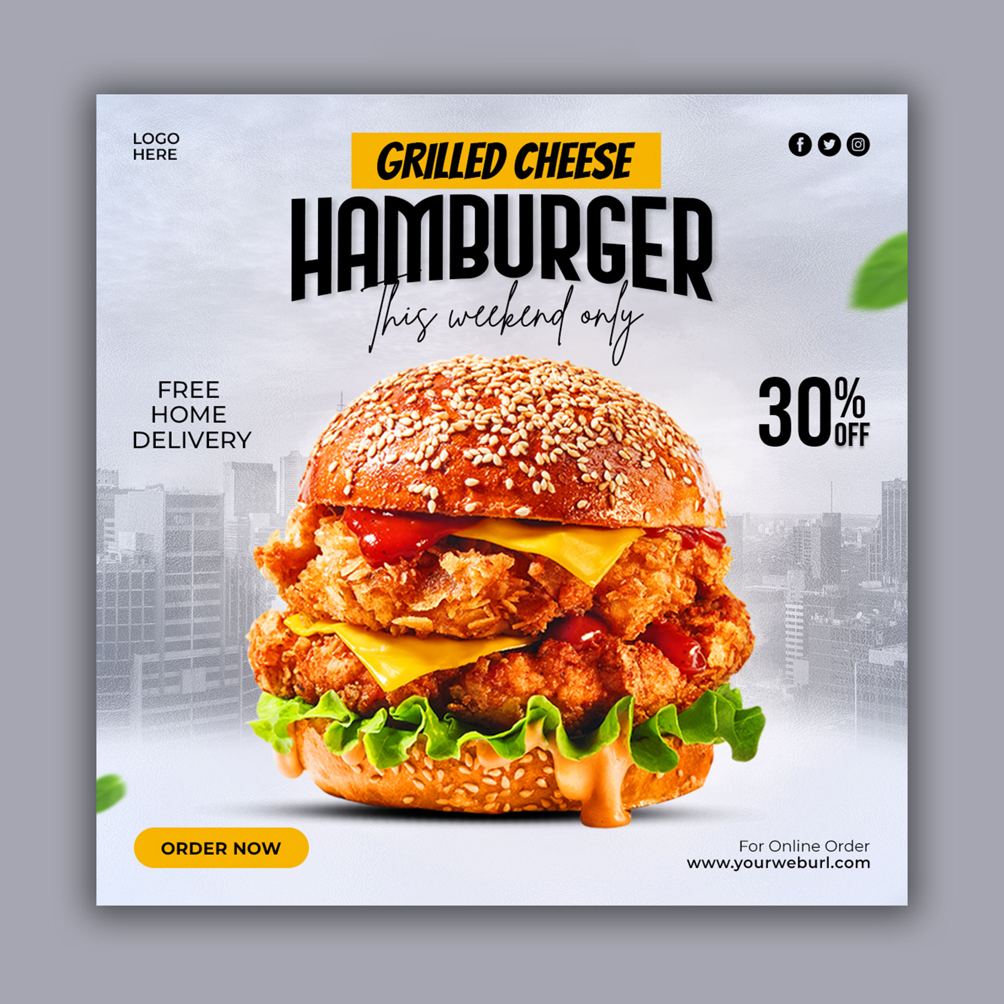 Delicious Hamburger Grey Instagram Post Banner Template Bundle preview image.