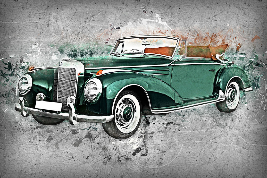 12 Vintage Classic Cars HQ Graphics with Grunge Style green car.