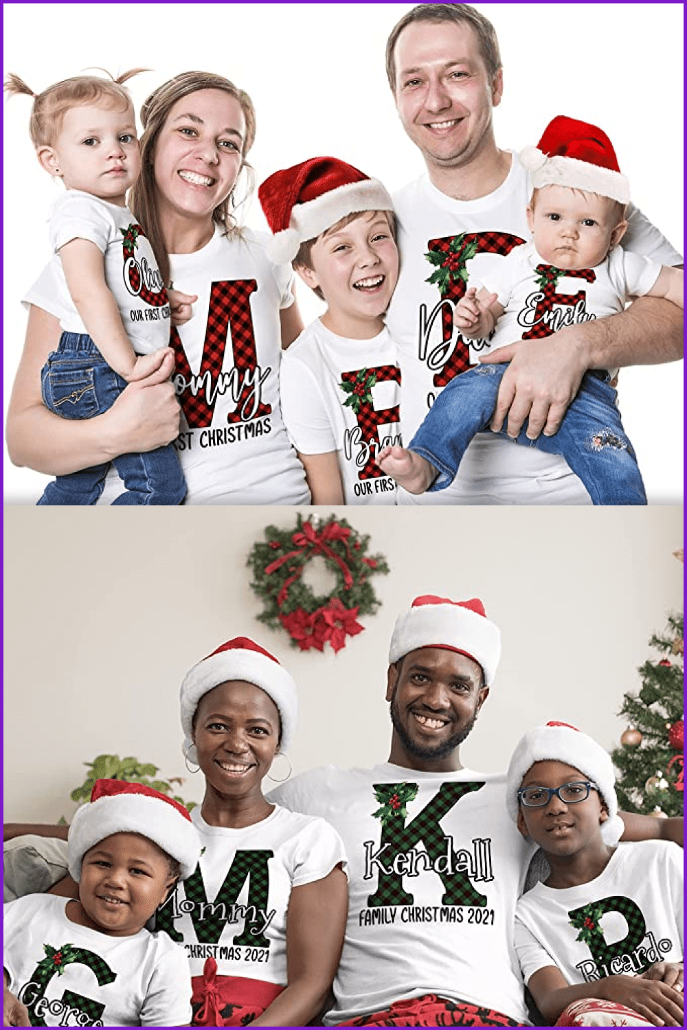 Collage of families in white T-shirts with large first letters of their names.