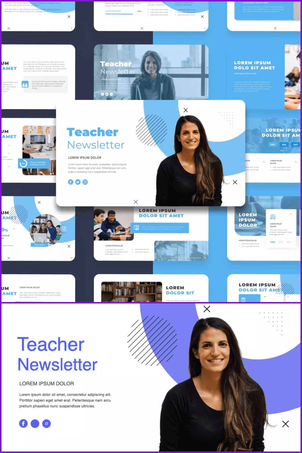 Collage of presentation pages with white background and blue elements and girl teacher.
