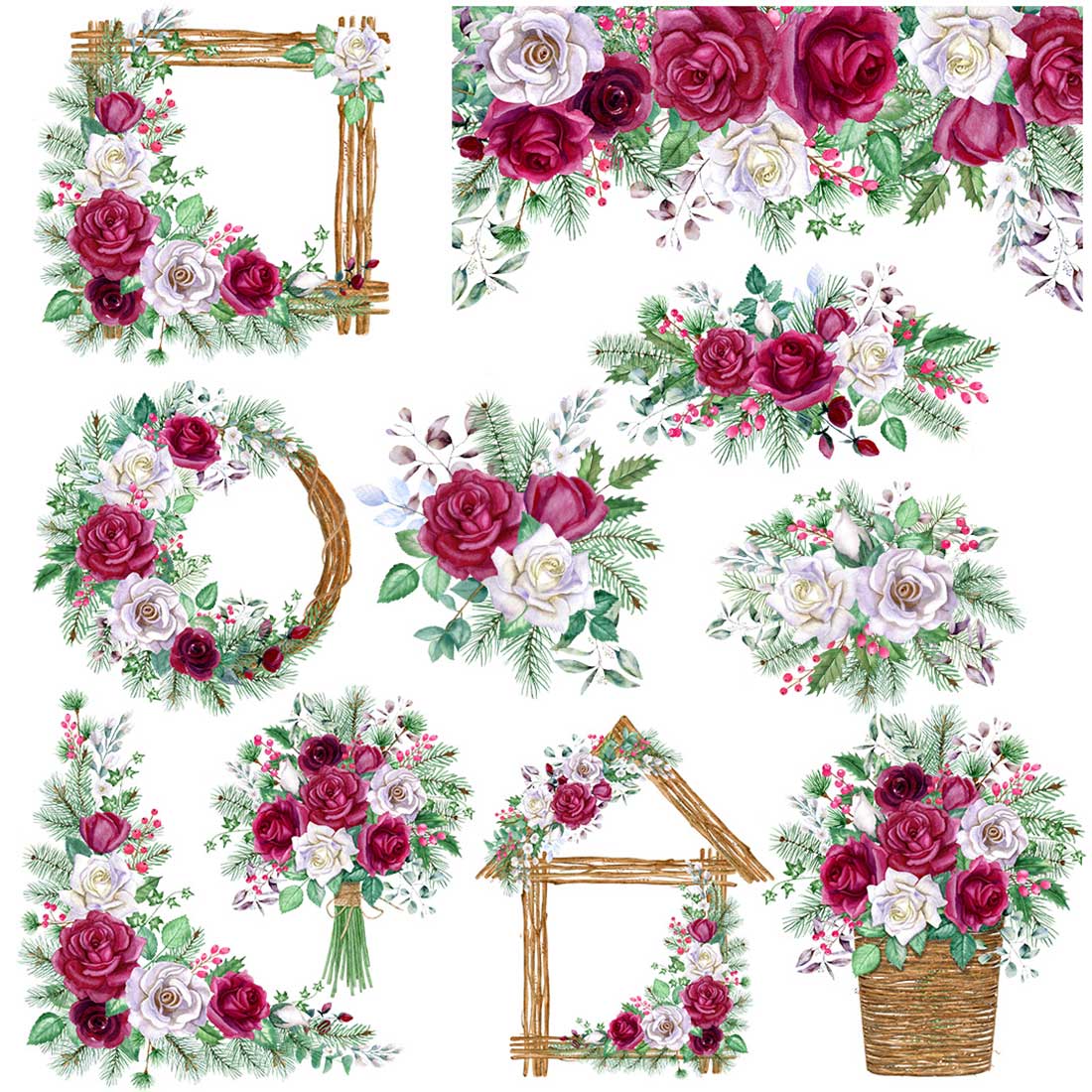 Red and white flowers with frames and more.