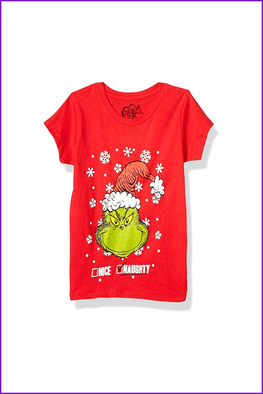 Red t-shirt with Grinch with a big sack of presents.