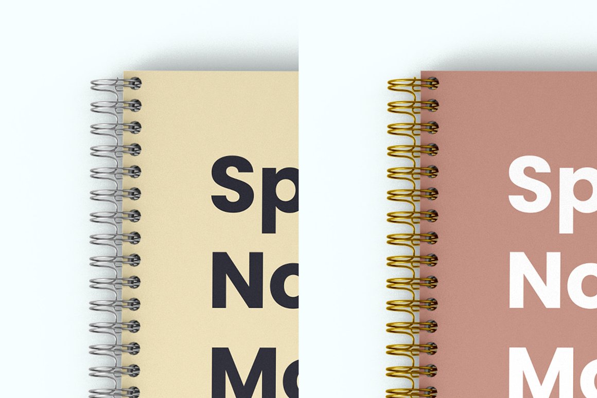 Mockup of a beige notebook with a silver spiral and a mockup of a pink notebook with a golden spiral on a white background.