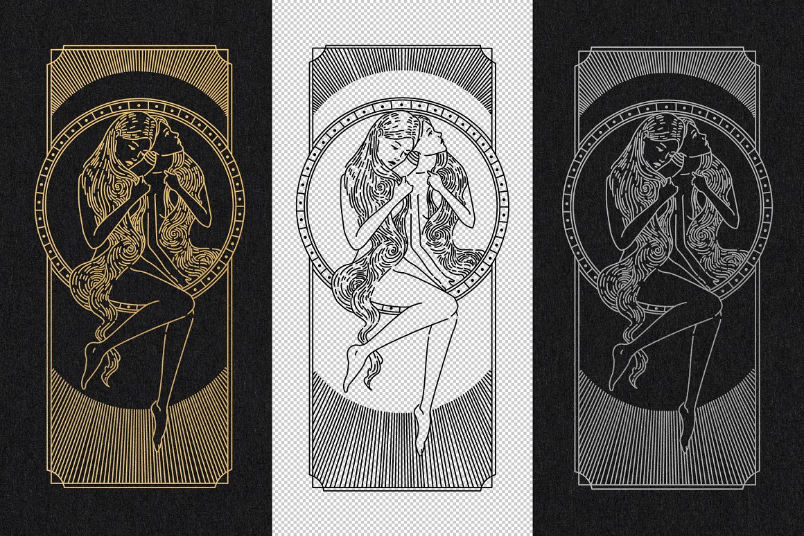 A set of 3 different golden, white and gray zodiac figures on a black background.