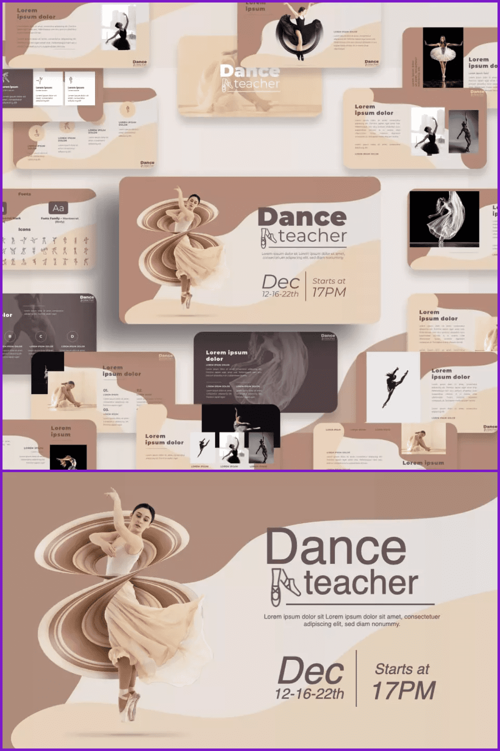 Collage of presentation pages with brown background and dancing girl.