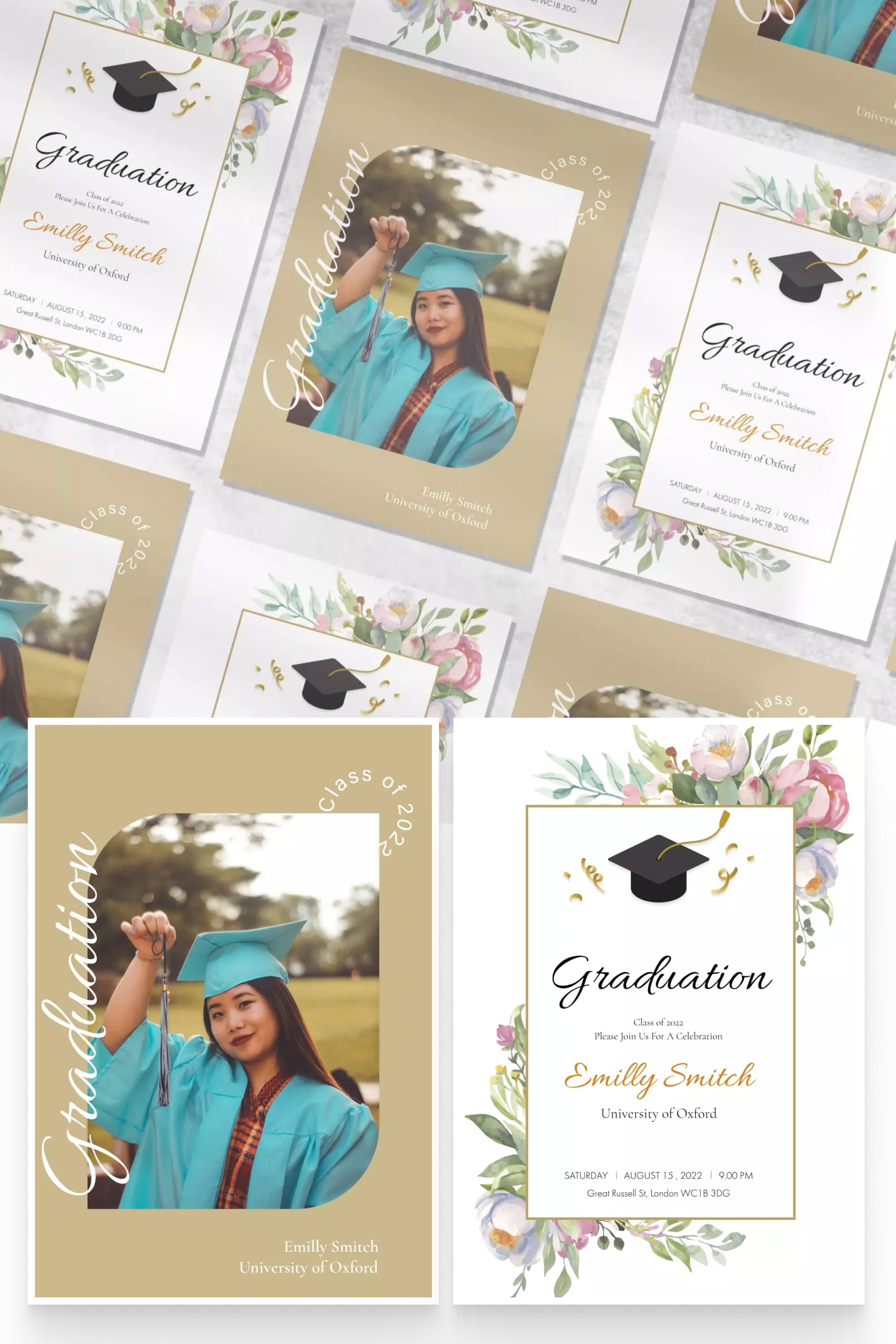 A collage of images of a graduation invitation with a photo of a student and text decorated with flowers.