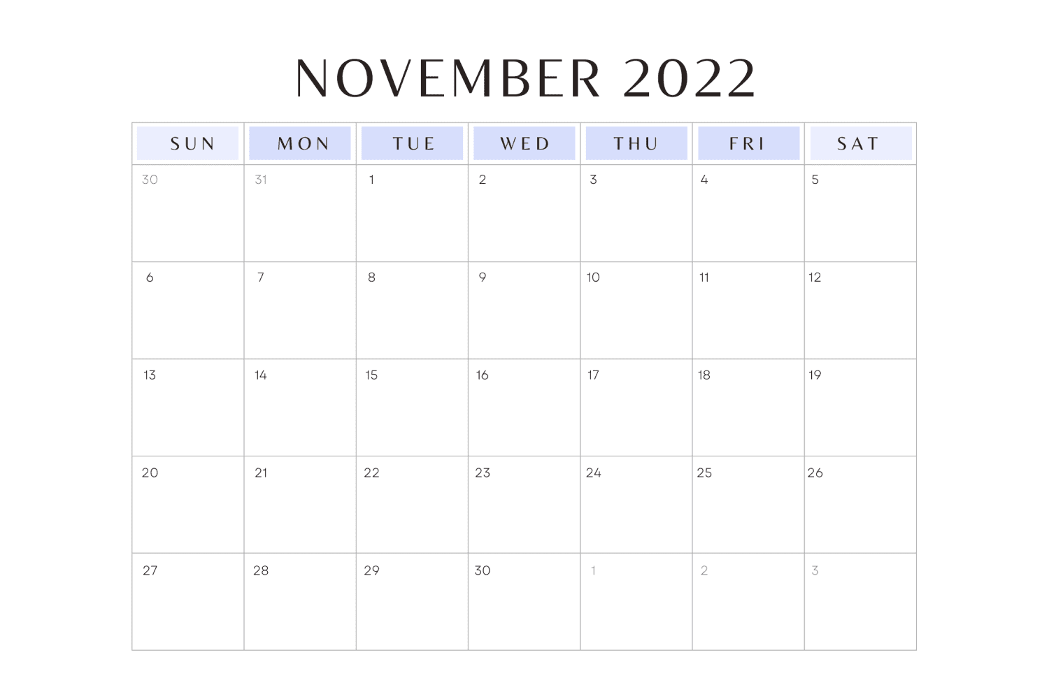 Calendar for November in the form of a simple table with a white background.