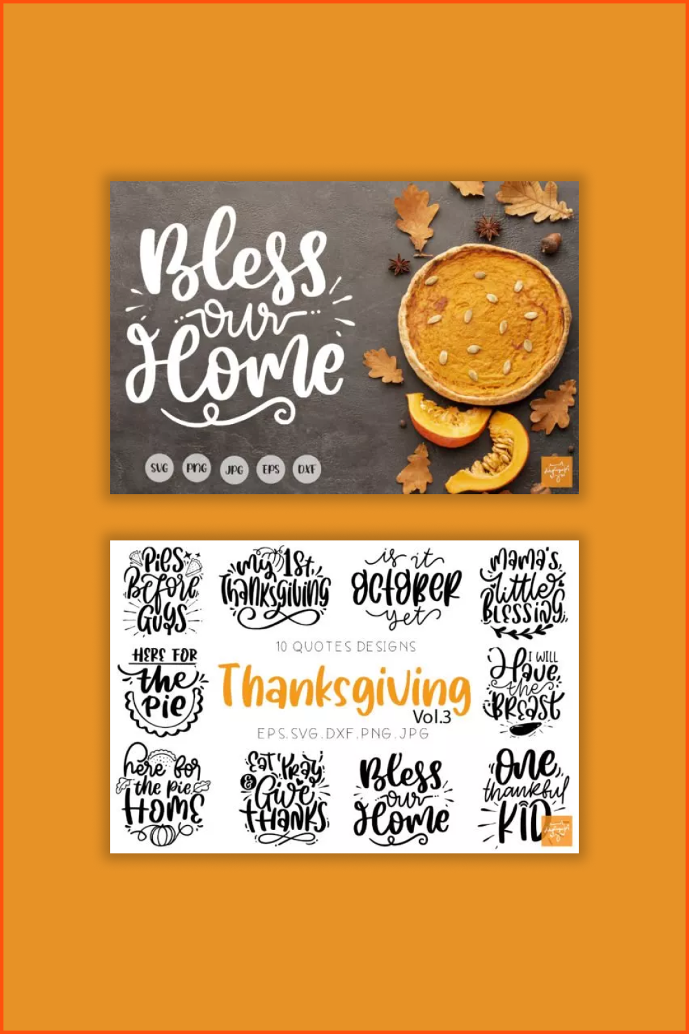 Collage of bright pictures with pumpkin pie and thanksgiving day logos.