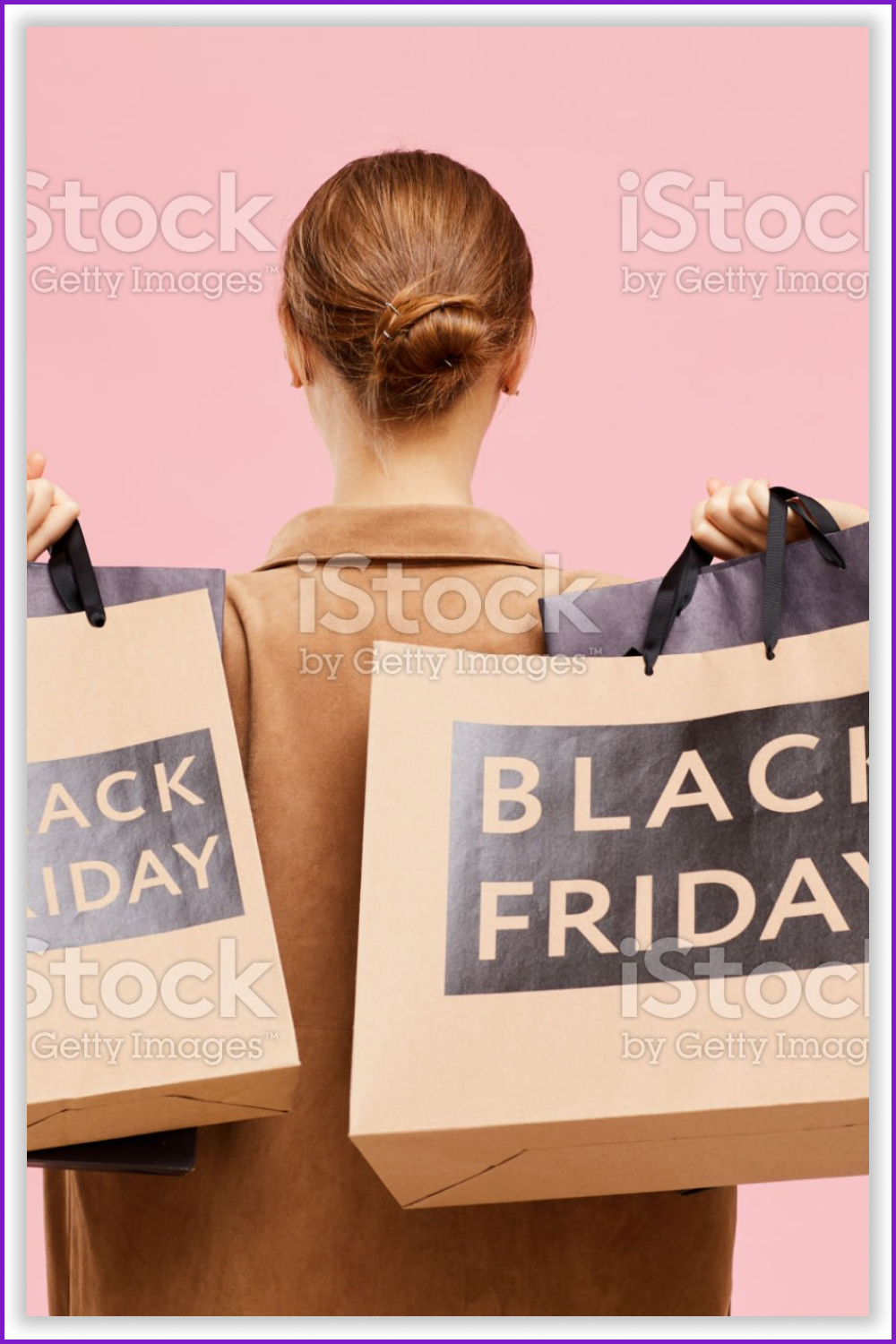 Woman with paper bags behind her back on a pink background.