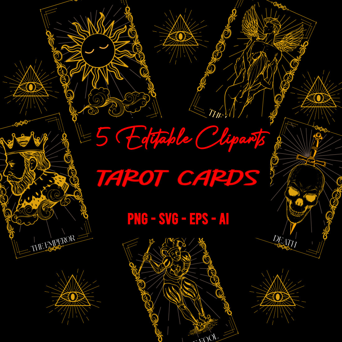 5 Gold & Black Tarot Cards Editable Vector preview image.