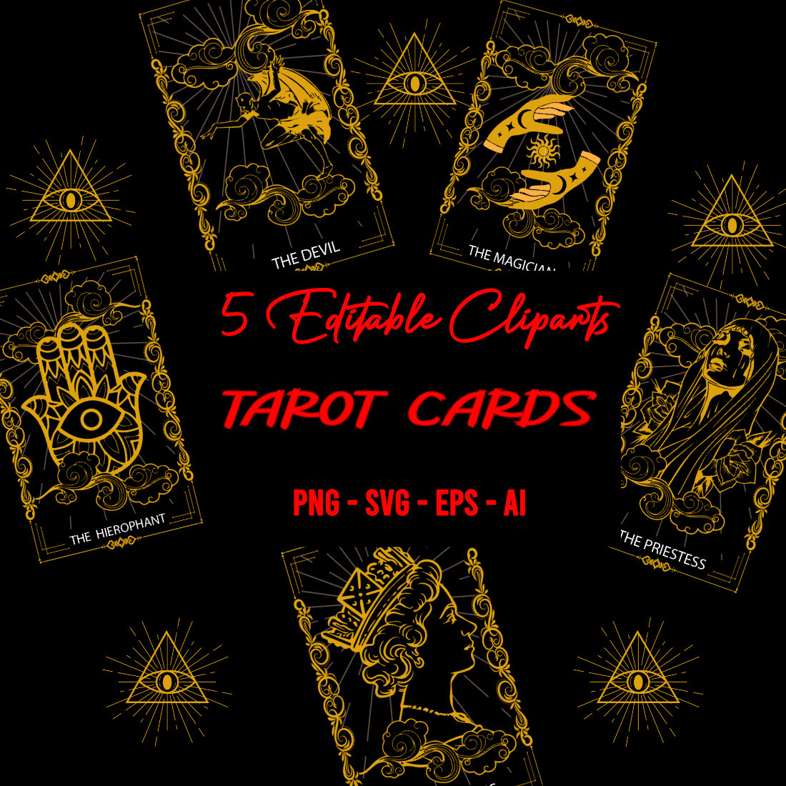 Tarot Cards - Editable Vector - 5 Designs - Gold & Black preview image.