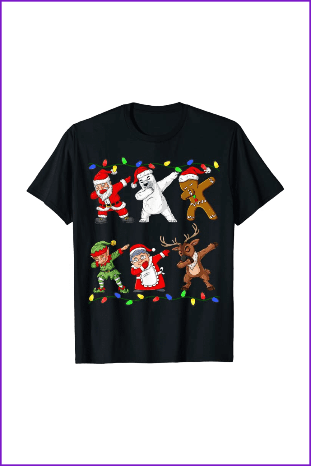 Black t-shirt with dubbing Santa Claus, gingerbread man, deer, elf, polar bear, and granny.