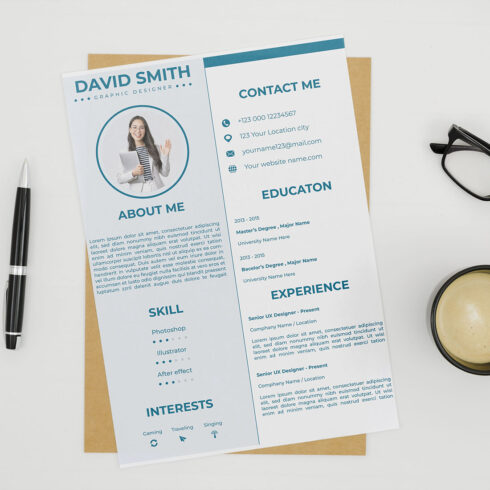 Professional resume with a cup of coffee and eyeglasses.