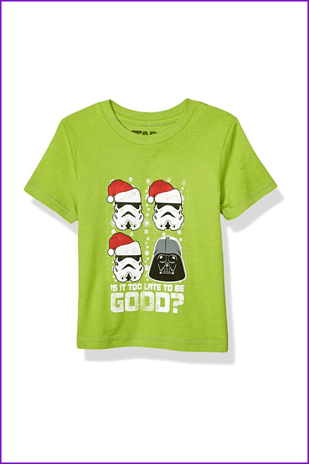 Green t-shirt with Star Wars hero in Santa hat and Darth Vader.